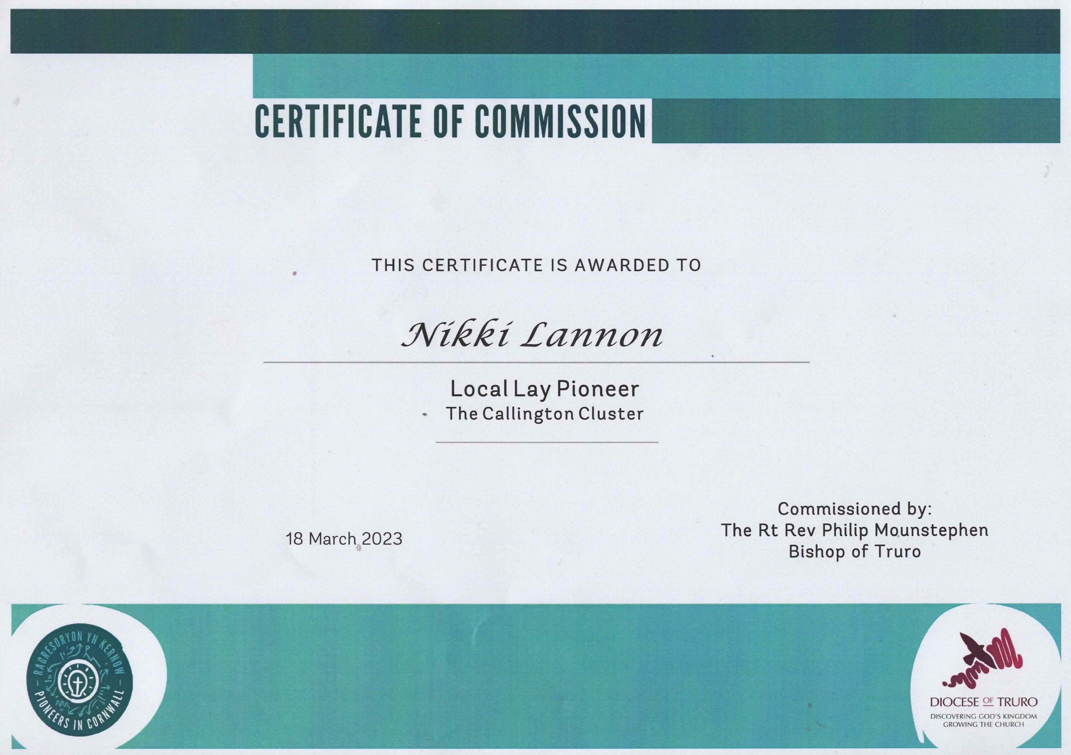 Nikkis Pioneer Certificate